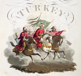 Detalje af titelblad, fra Costumes of the Various Nations, bind VII, The Military Costume of Turkey, af Thomas MacLean, udgivet ca. 1800-18 (håndfarvet akvatint)